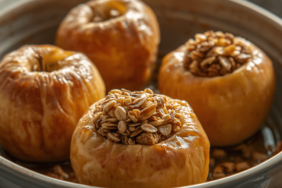 Печени ябълки с орехи, овес и мед